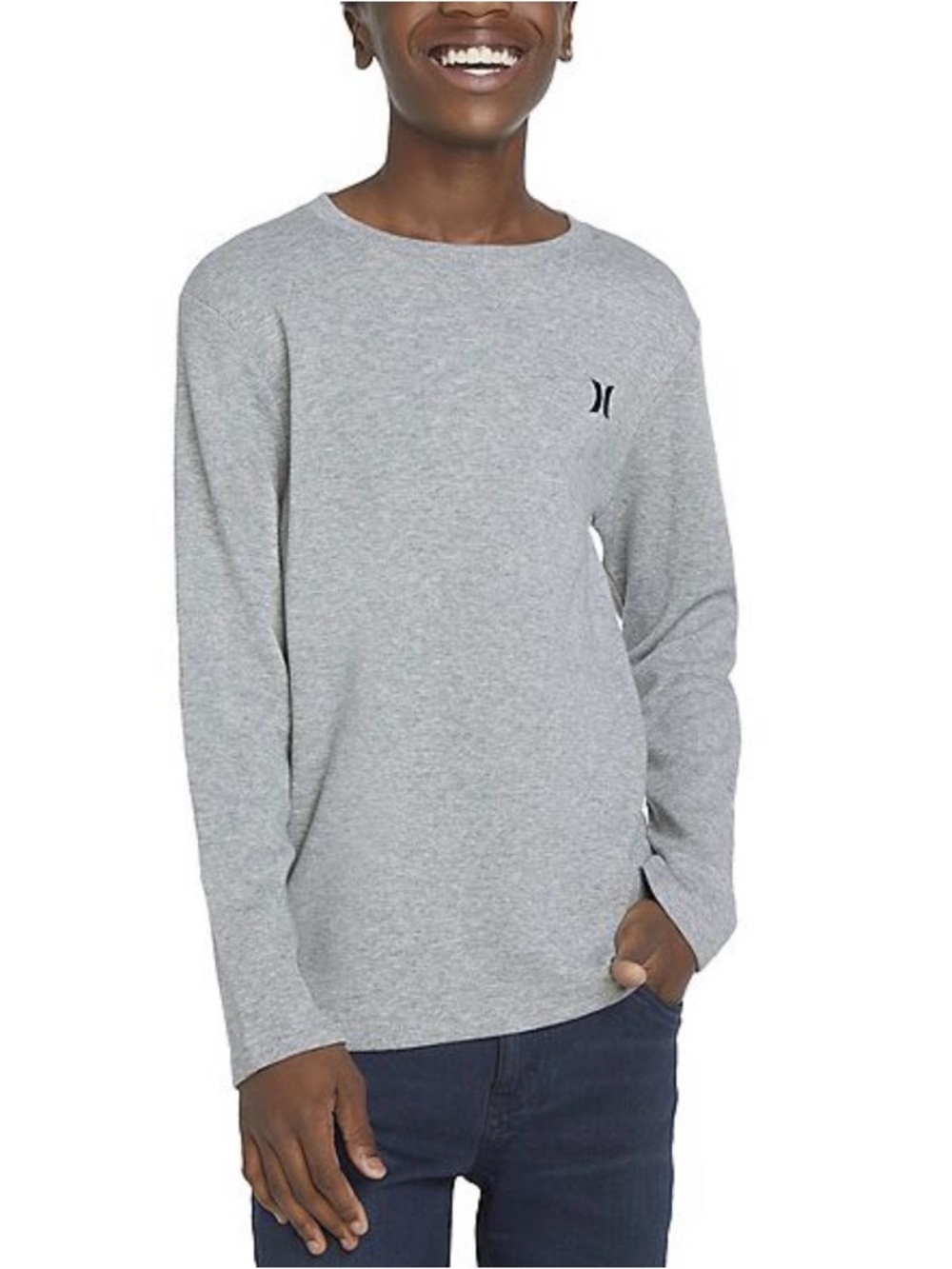 Hurley Boys Long-Sleeve Waffle Knit Crew Neck Shirt - Gray -    M (10/12)